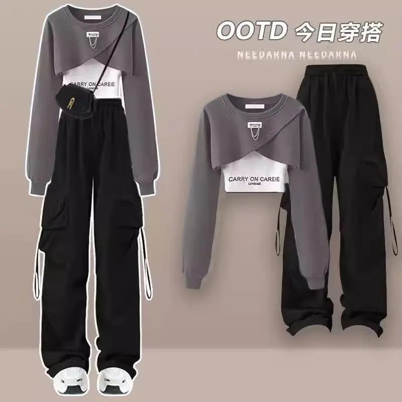 Style coréen Patchwork T-shirt à manches longues pantalon de travail pantalon à jambes larges deux p