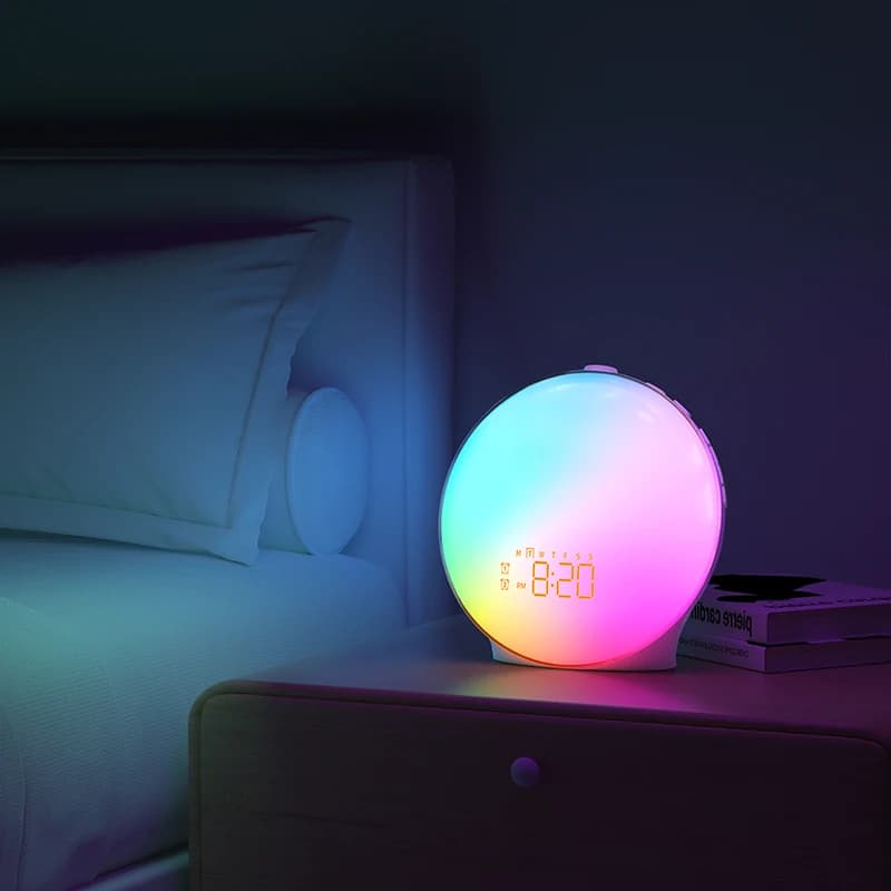 Réveil lumineux, Simulation de lever/coucher du soleil, horloge numérique avec veilleuse, Radio FM, 