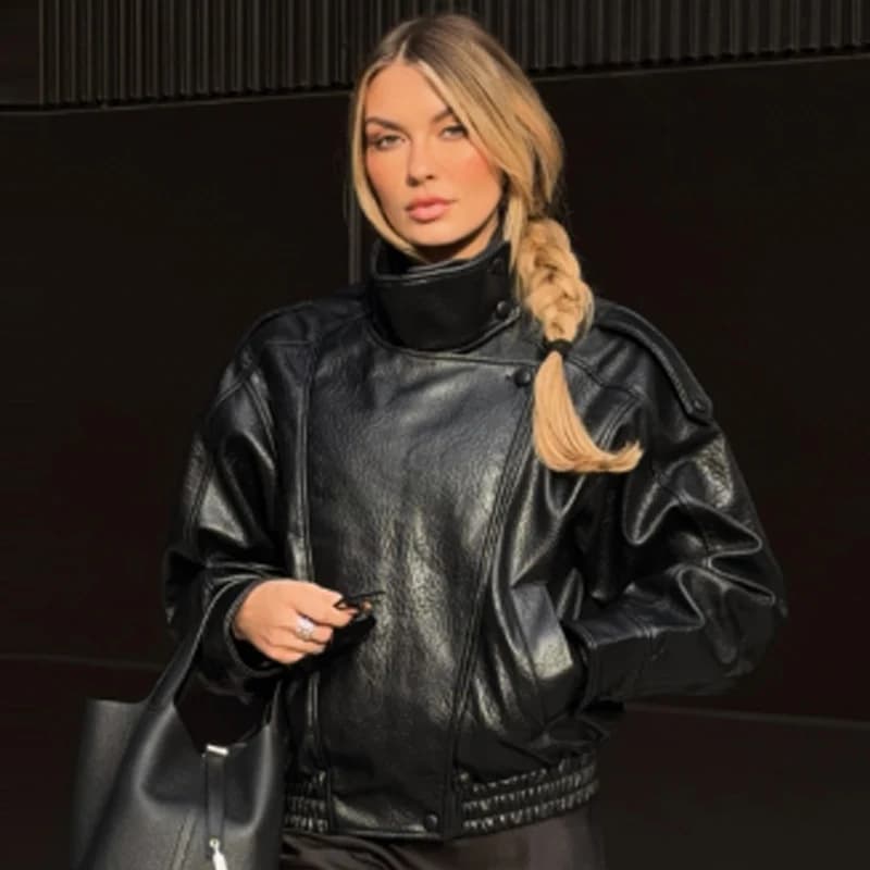 HXAO nouveauté femmes Bomber veste en cuir noir vestes recadrée surdimensionné vêtements d'extérieur