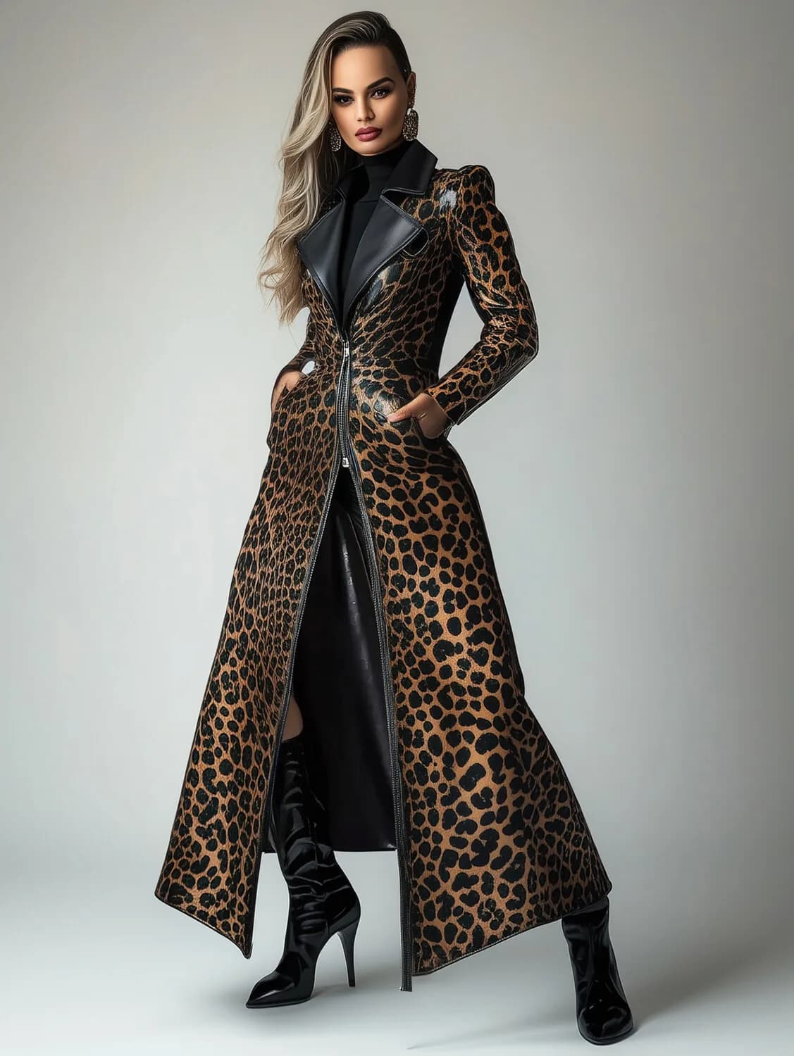 Trench-coat en cuir PU avec poche zippée et motif léopard