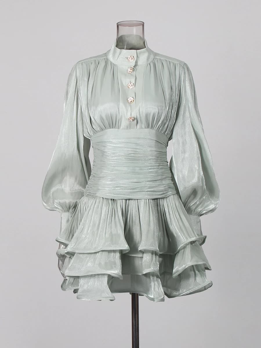 TWOTWINSTYLE élégant minceur épissé volants plis Mini robes pour les femmes col montant manches long
