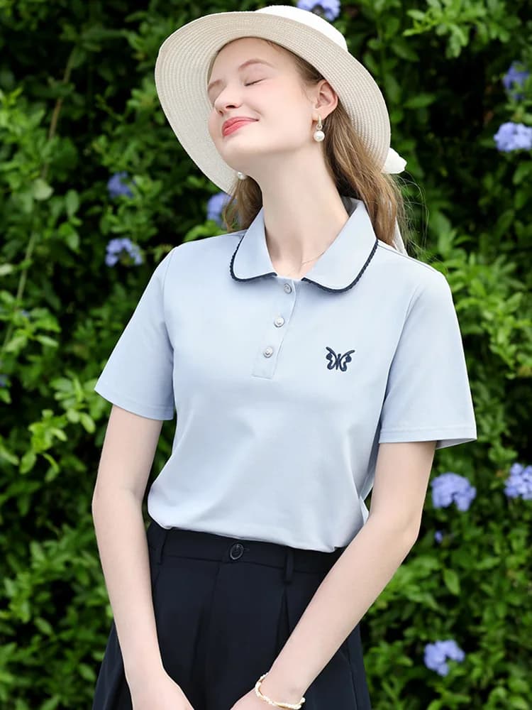 Je crois que vous T-shirt col polo bleu pour femmes été 2025 papillon brodé respirant manches courte