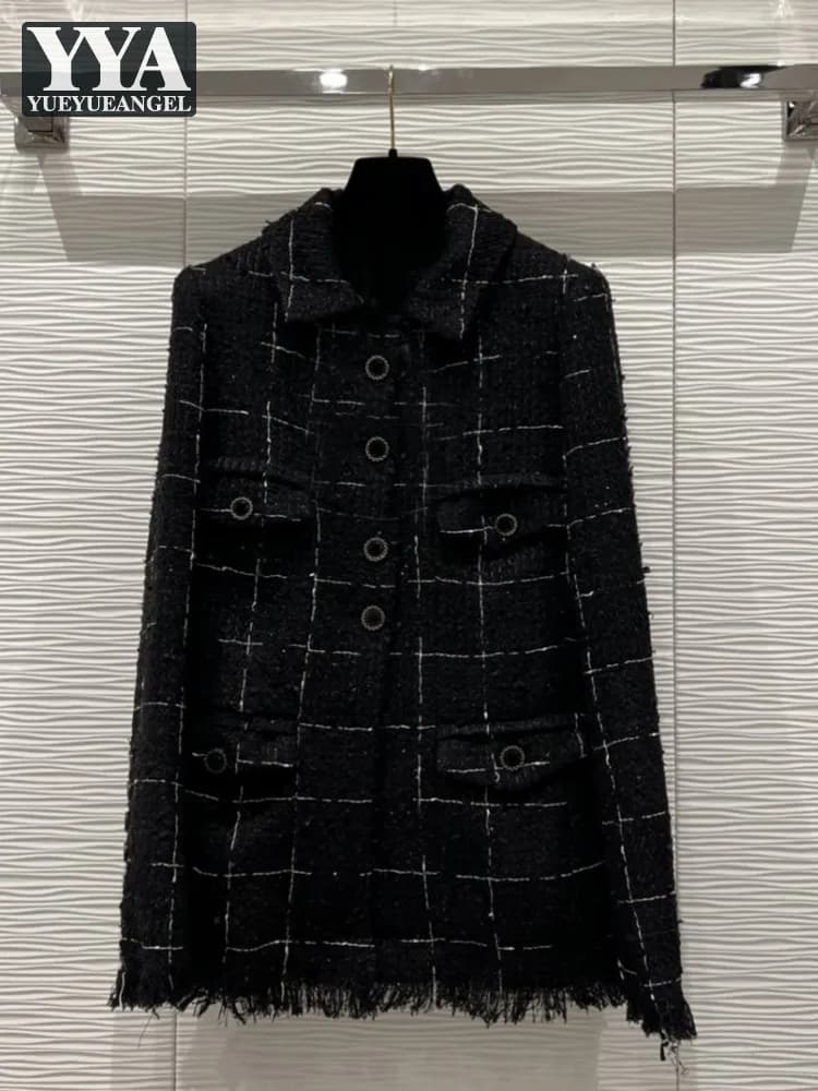 Veste en tweed à carreaux pour femmes, glands, mi-boutonnage simple, avocat, fête, vêtements d'extér