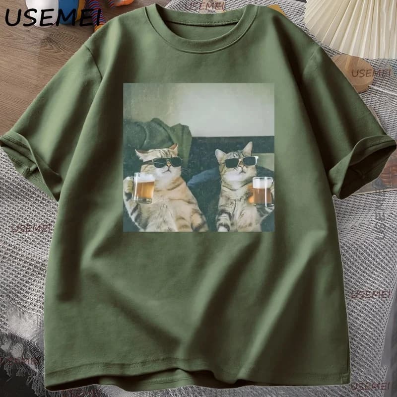 Drôle Cool chat boire de la bière T-shirt décontracté coton à manches courtes T-shirt homme vêtement