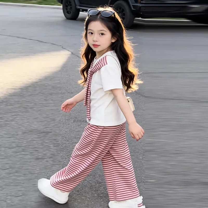 Ensembles d'été pour filles, costume à manches courtes pour enfants, T-shirt à rayures + pantalon à 