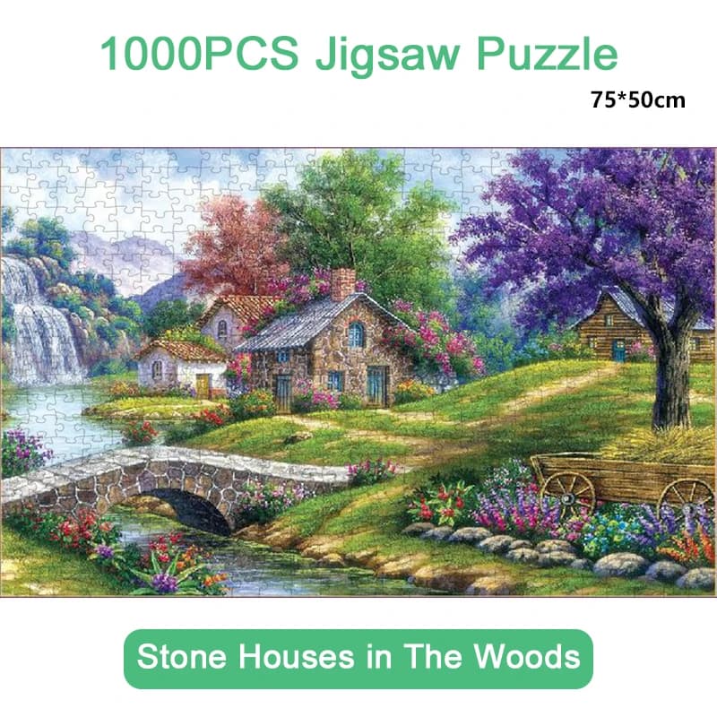 Puzzle en papier 75x50cm pour adultes, 1000 pièces, maisons en pierre dans les bois, série paysage, 
