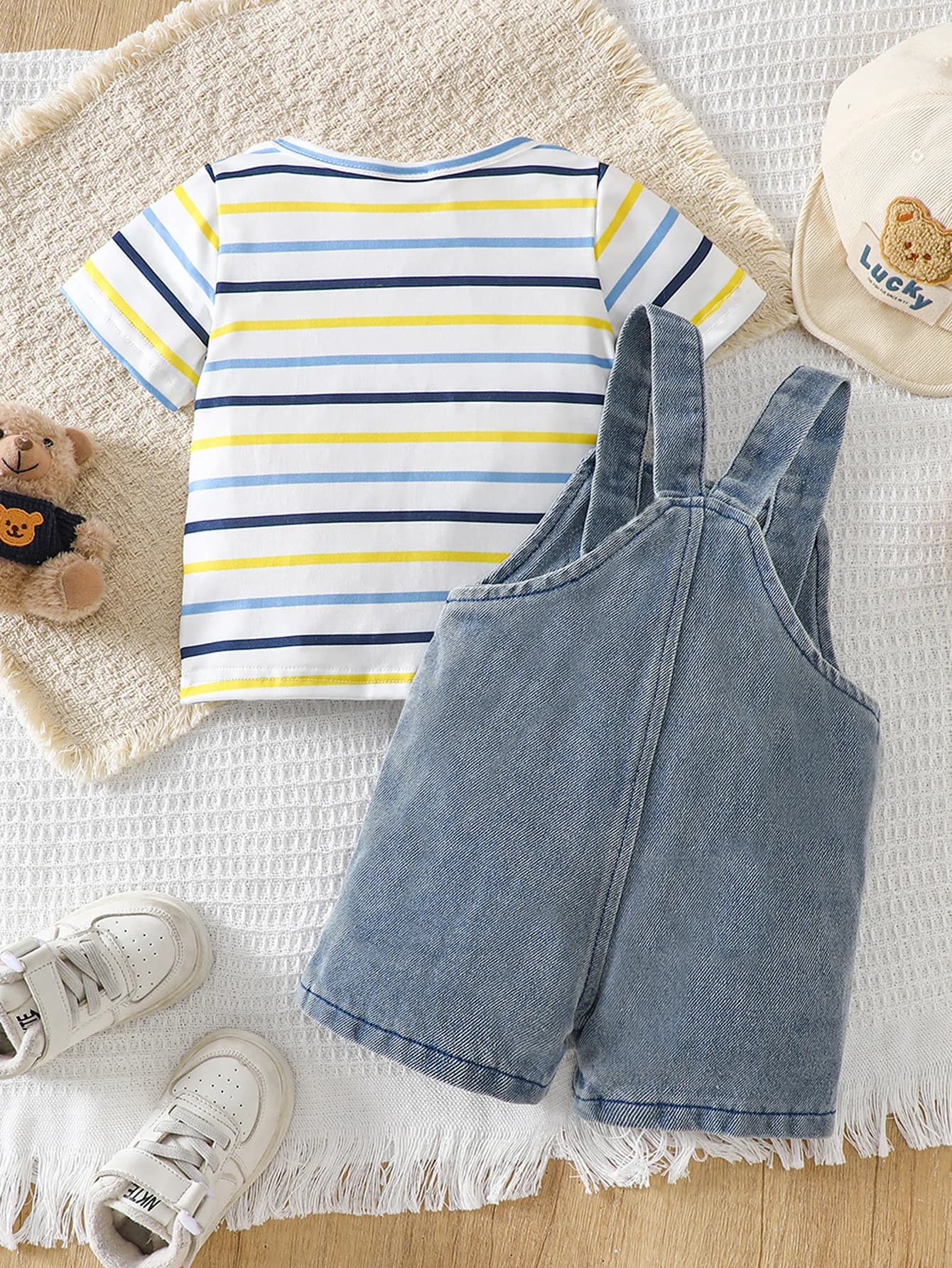 Ensemble t-shirt rayé à manches courtes et salopette en jean pour bébé garçon, ensemble deux pièces 