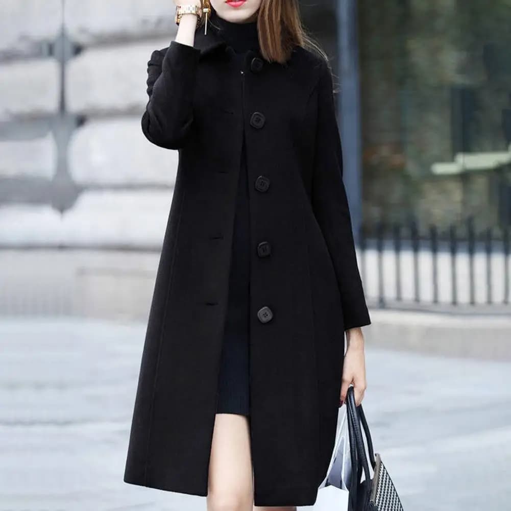 Veste mi-longue à col rabattu pour femme, manteau, simple boutonnage, couleur unie, élégante, douce,