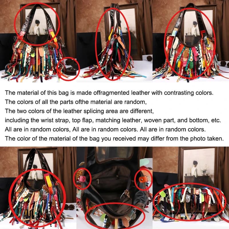 Sac à main en cuir véritable à franges pour femmes, fabriqué à la main, blocage de couleur, grande c