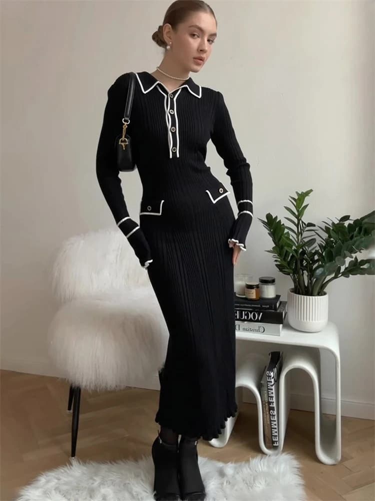 Tossy à volants mode robe en tricot femmes automne côtelé contraste à manches longues taille haute r