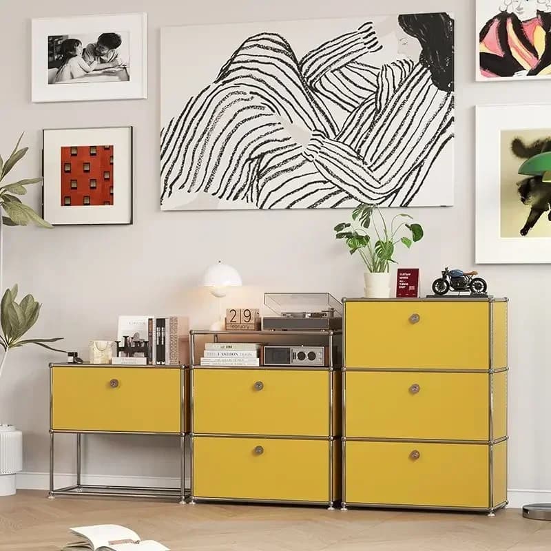 Buffet à Module Vintage, meuble de rangement pour salon, chambre à coucher en bois, cadre métallique