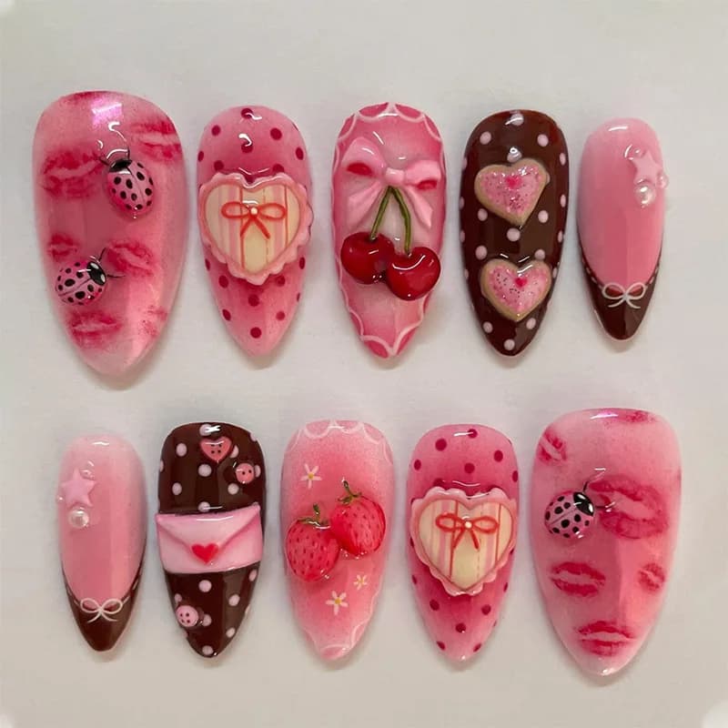Faux ongles colorés d'été en amande, 24 pièces, avec fleurs 3D, peintures de plage, à pression, couv