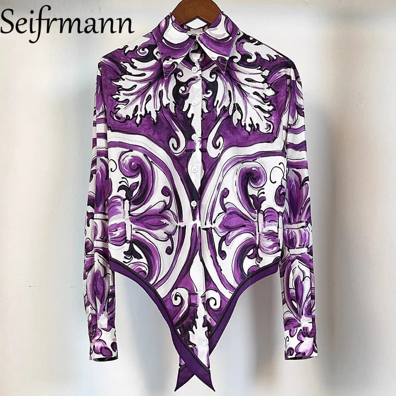 Seifrmann élégant femmes hauts col rabattu simple boutonnage à manches longues mode imprimé chemise 
