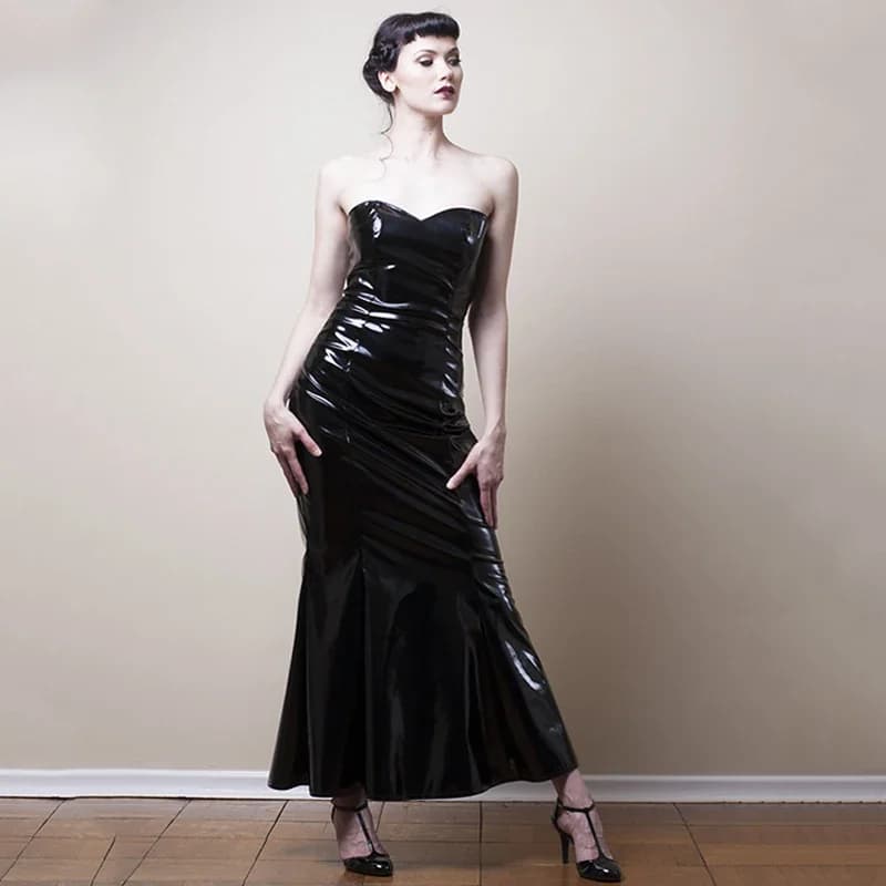 Robe sirène noire sans bretelles pour femme, simili cuir latex, robe longue pour femme, robe de soir
