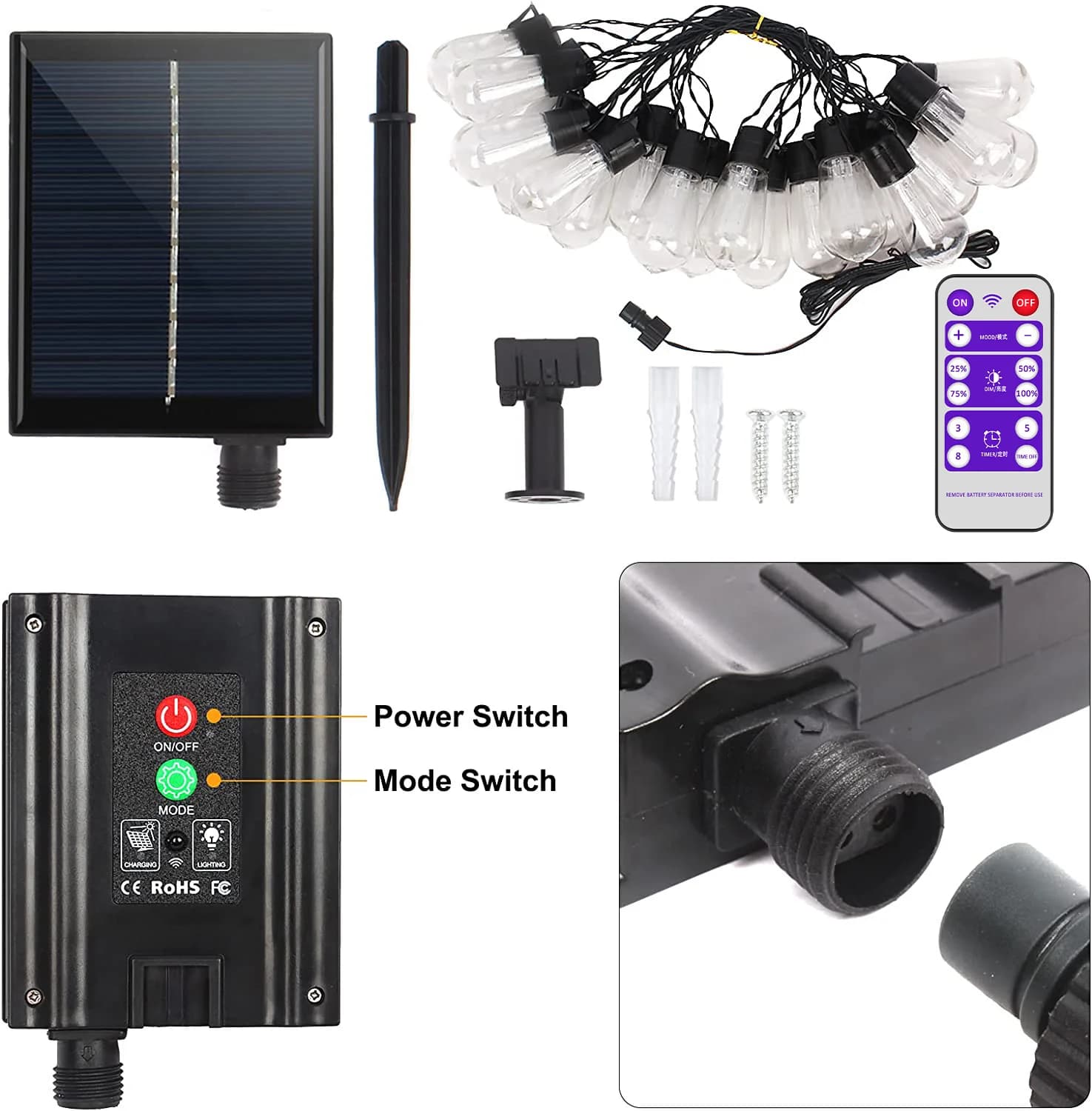 Guirlande solaire haute luminosité, 20 pieds (8M), 20 ampoules incassables, étanche S14 LED, guirlan