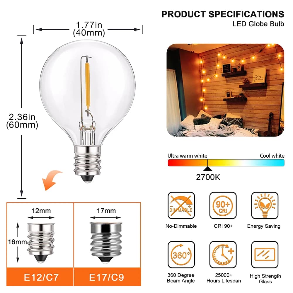 6/25 pièces E12 LED ampoule extérieure G40 pour LED chaîne lumières chaîne Globe chaîne