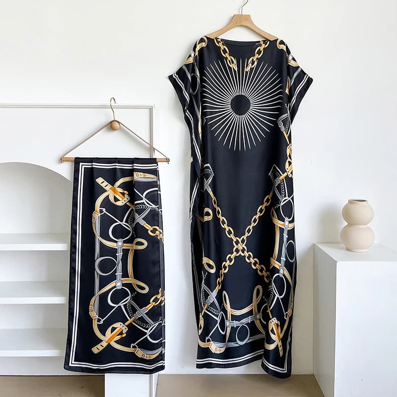 NOUVELLE Robe d'été imprimée tendance avec grande écharpe, Kaftan Dubaï Turquie, Abaya ample musulma