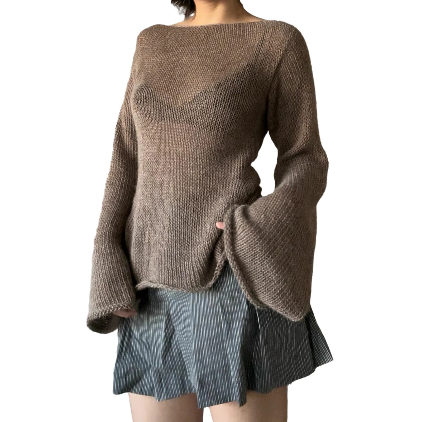 Mode femmes T-shirt cravate dos chandails à manches longues col bateau couleur unie tricot pull déco