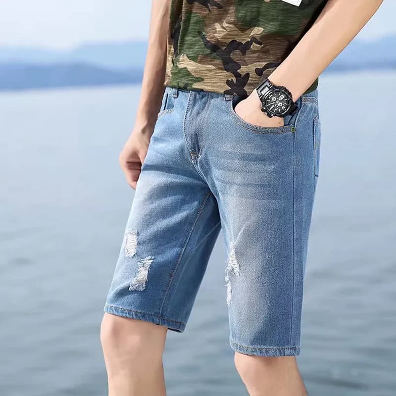 29-40 nouvel été hommes personnalisé lavable pantalon en Denim perforé grand pantalon moyen décontra