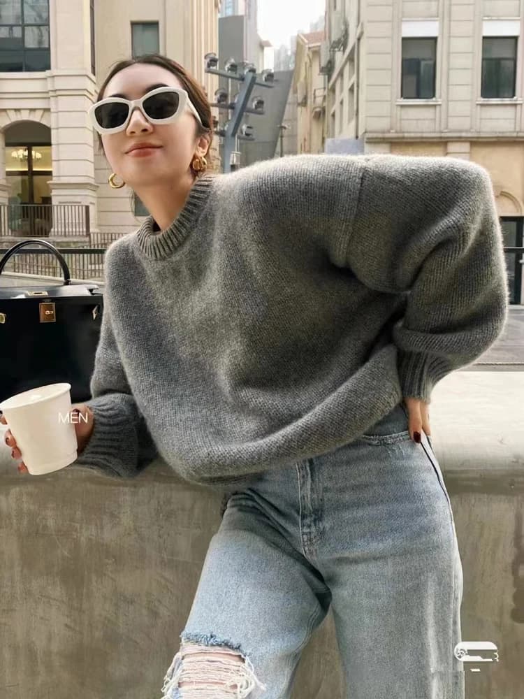 Pull haut de gamme 100% pur cachemire pour femme, ample, doux, cireux, vent paresseux, col rond, épa