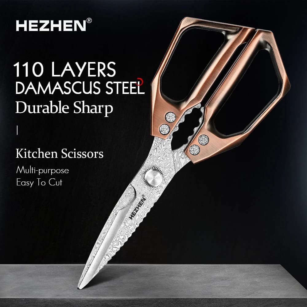 HEZHEN 110 couche damas acier cuisine ciseaux noix ciseaux gratter écailles de poisson multifonction