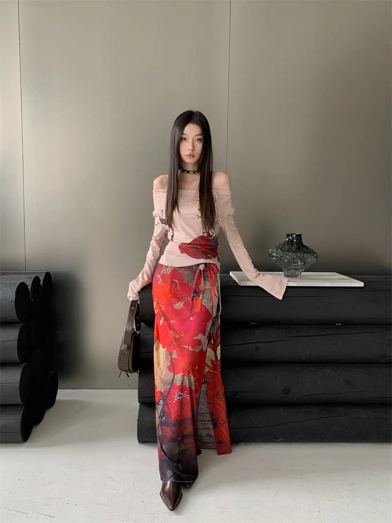CHEERART Vintage rouge maille jupes longues pour femme à lacets Wrap Maxi jupe mode japonaise luxe c