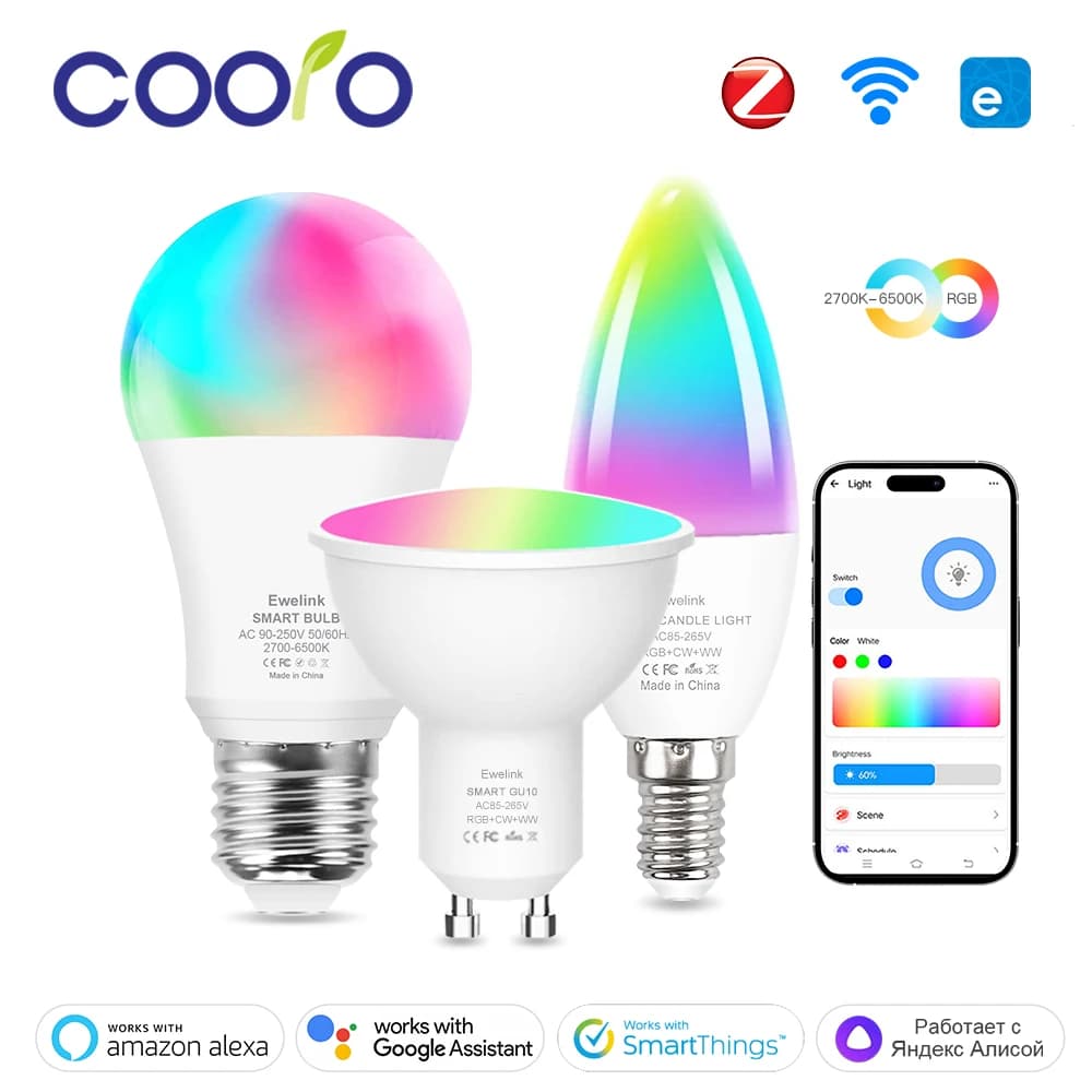 Ampoule LED intelligente WiFi Zigbee, variable, E27, E14, GU10, RGBCW, 2700-6500K, bougie, pour appl