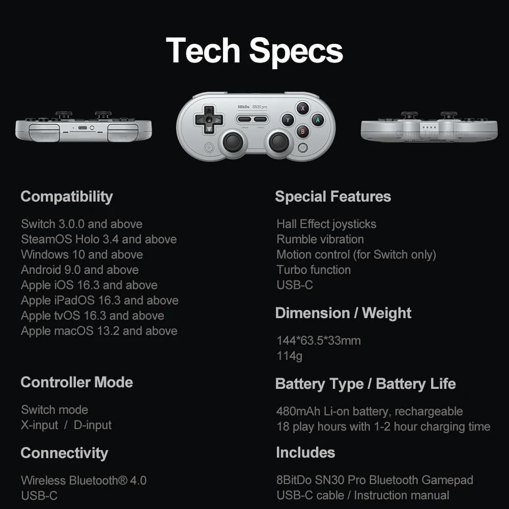 8Bitdo Manette de jeu sans fil Bluetooth SN30 Pro, JoysUniverse à effet Hall amélioré, Nintendo Swit