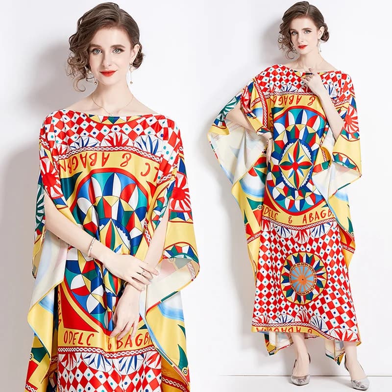 Robe bohème imprimée à motifs géométriques abstremberg pour femmes, robe maxi, col slash, manches ch