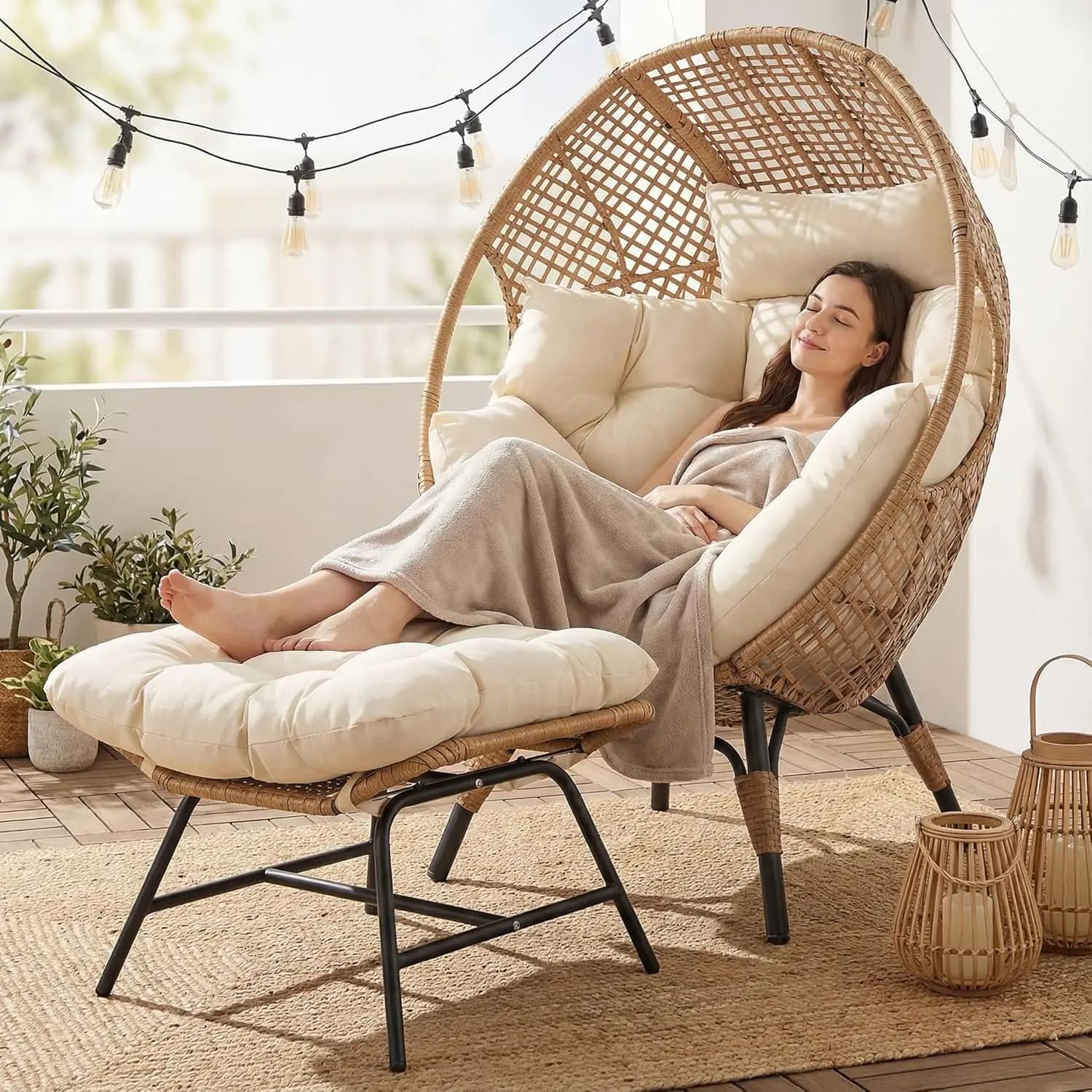 Fauteuil œuf en osier avec repose-pieds, chaise longue d'intérieur/extérieur en forme de panier avec