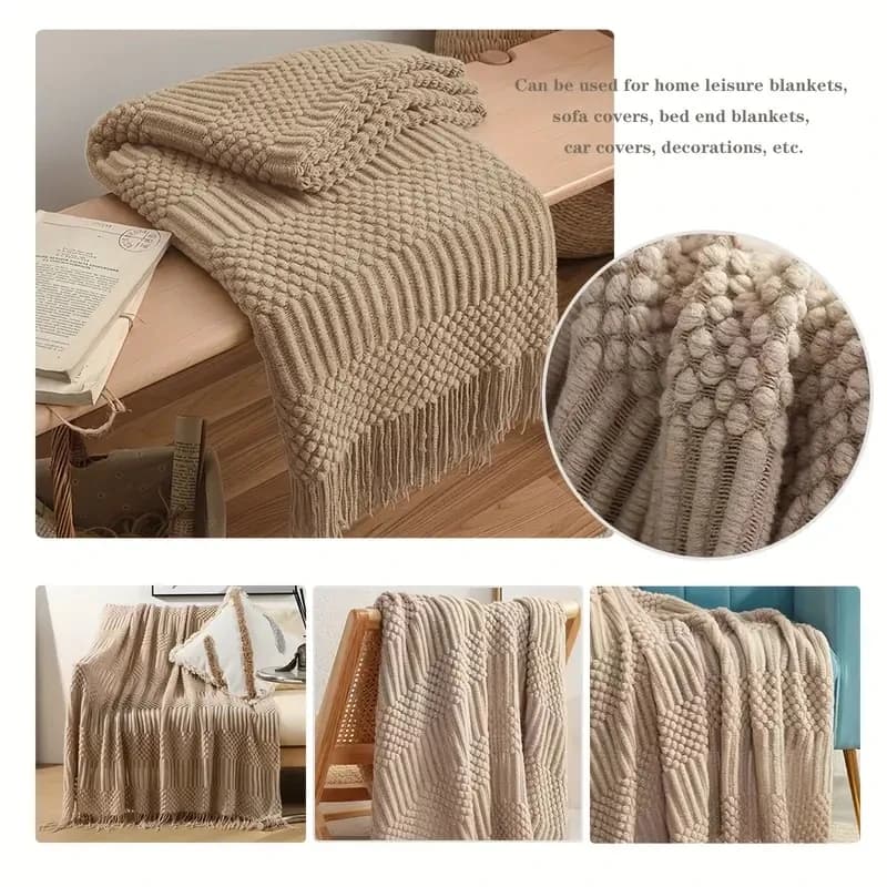 Couverture tricotée kaki avec glands, couvre-lit épais Vintage de luxe pour ferme, couverture surdim