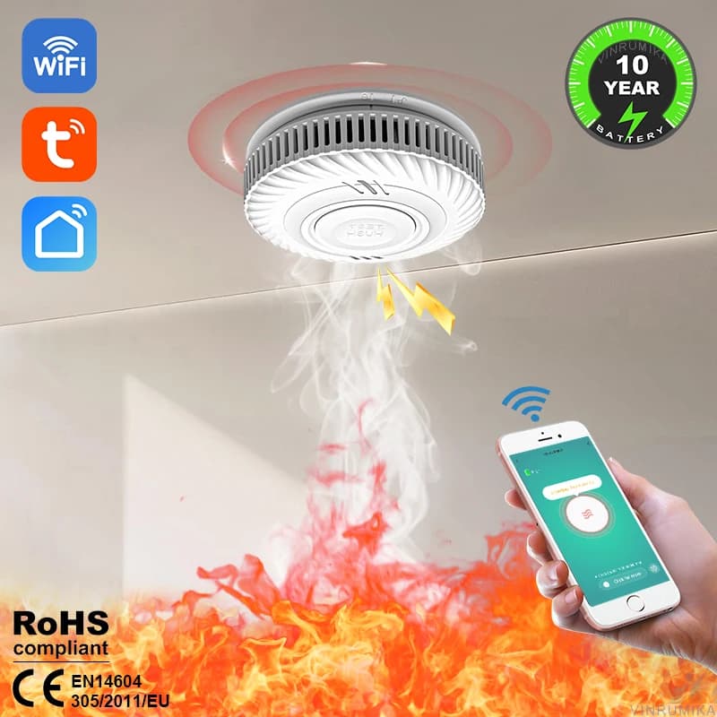 Détecteur de fumée Tuya avec fonction WiFi, avec batterie intégrée de 10 ans, pour la sécurité de la