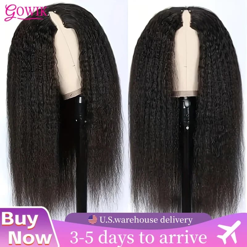 Perruque Yaki lisse crépue avec raie en V, cheveux naturels sans colle, couleur noire naturelle, san