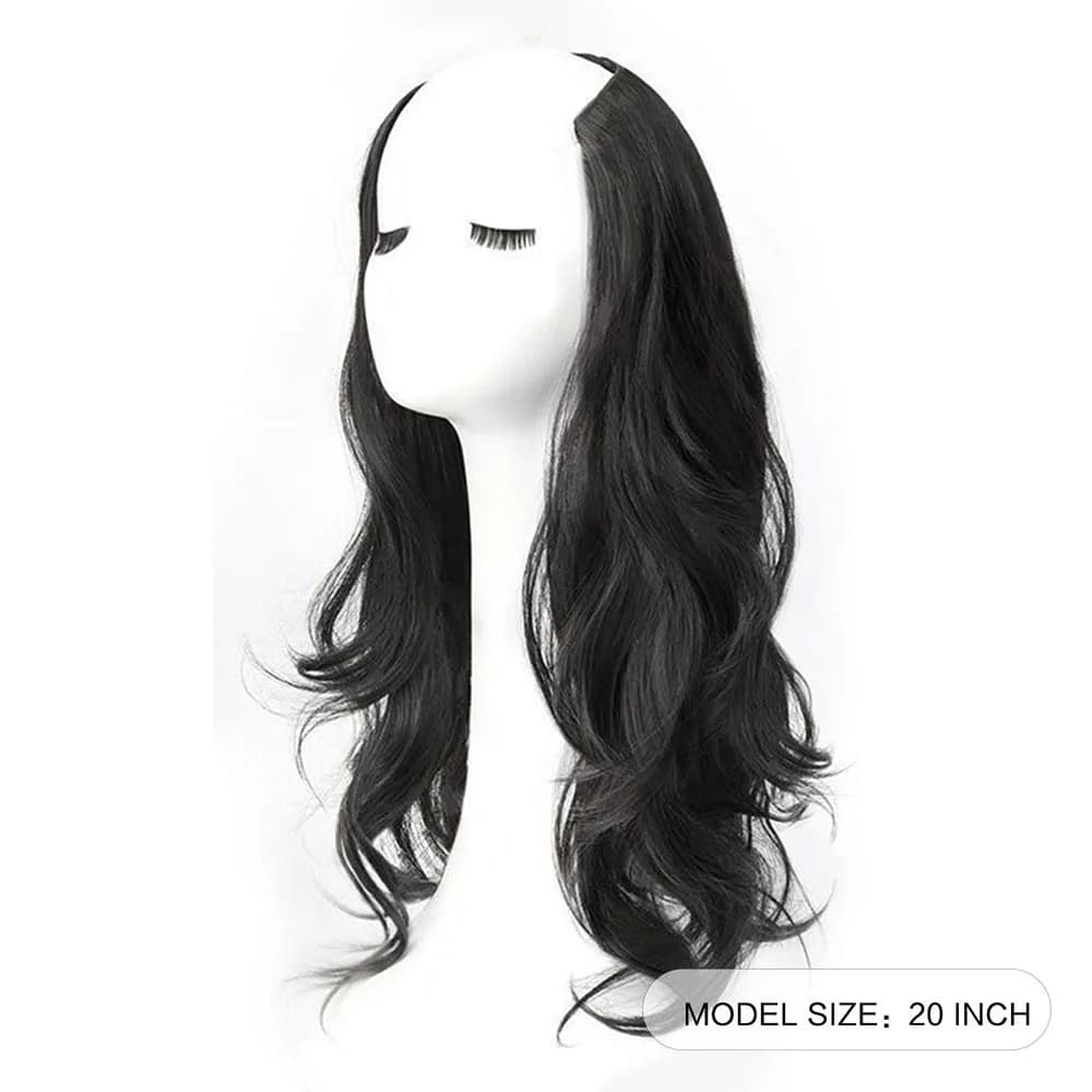 Extension de cheveux synthétiques longs et bouclés de 20 pouces, 4 clips en forme de V, postiche bru