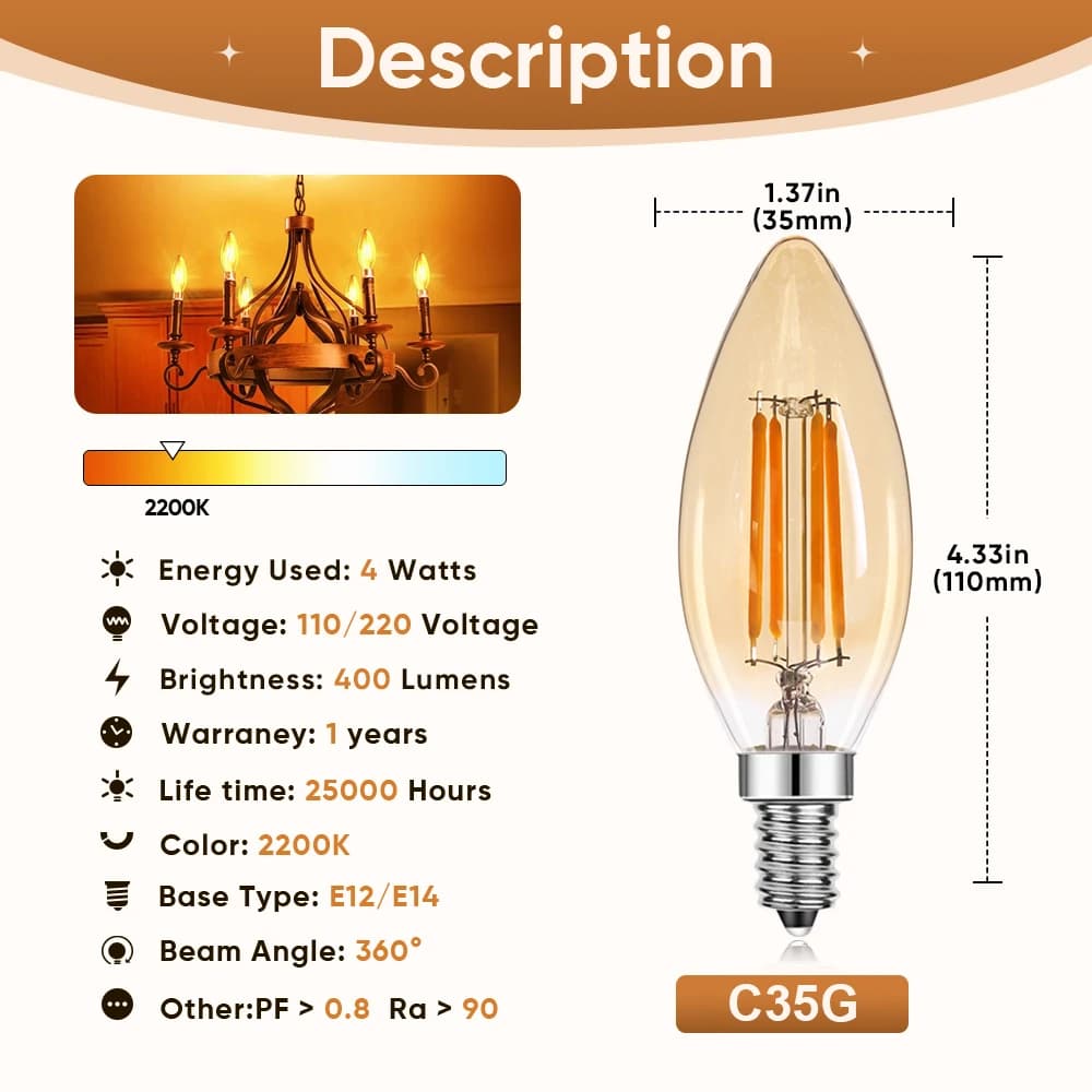 Lampe à bougie LED à intensité variable, blanc chaud, lustre d'intérieur vintage, ampoule de subdivi