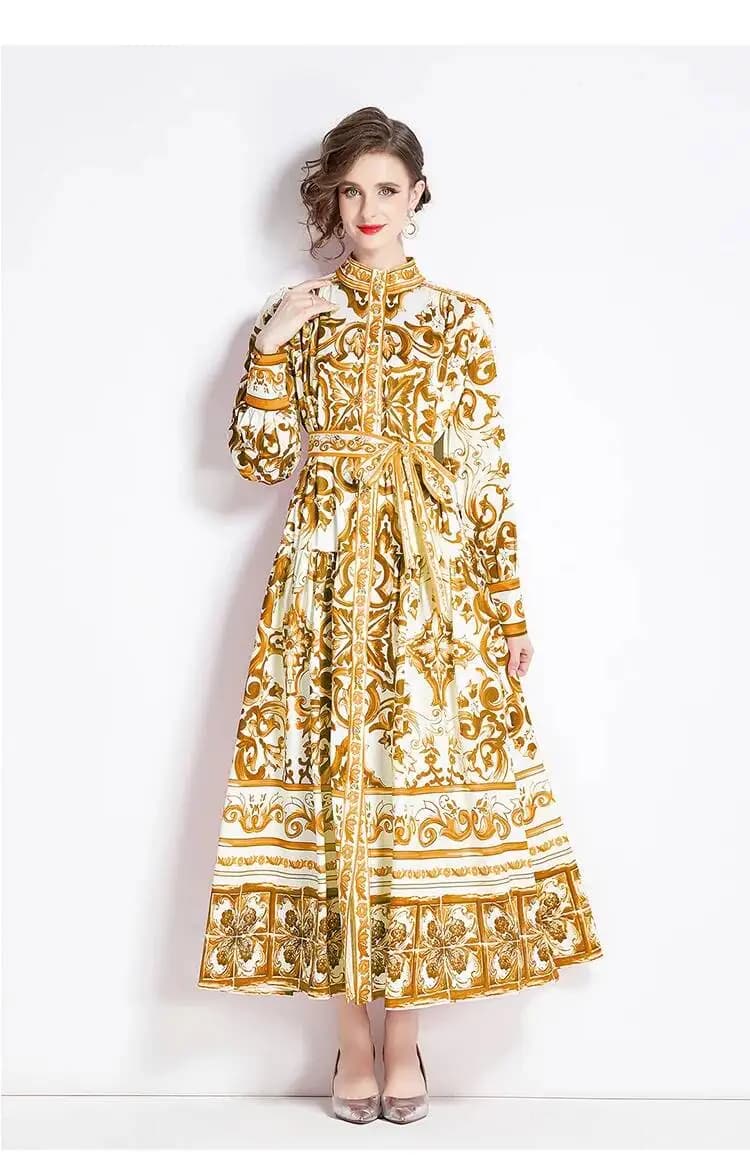 Robe longue en porcelaine à boutonnage simple pour femme, imprimé floral jaune, ceinture en dentelle