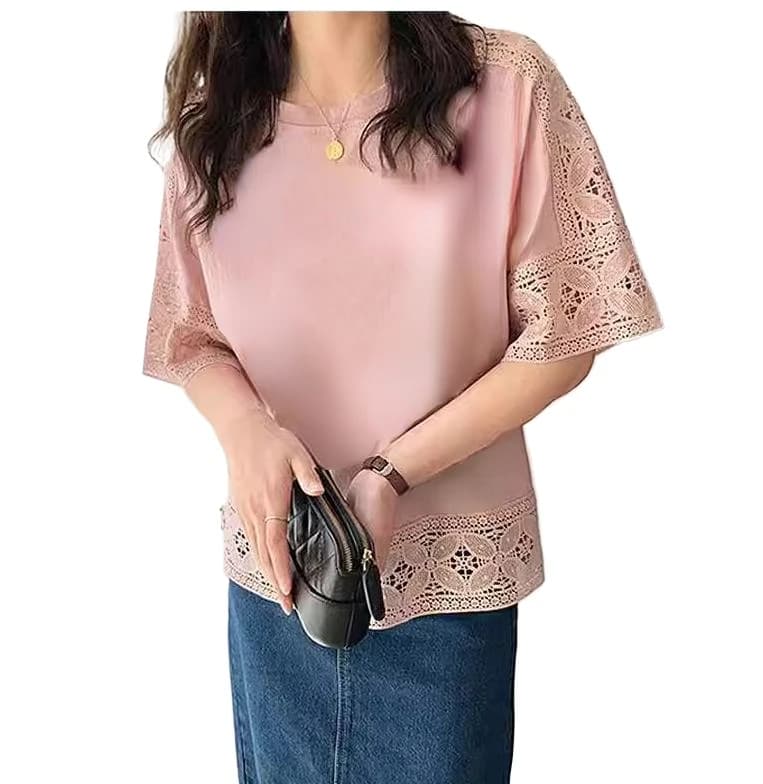 T-shirt amissié en dentelle pour femme, vêtement d'aviation, patchwork