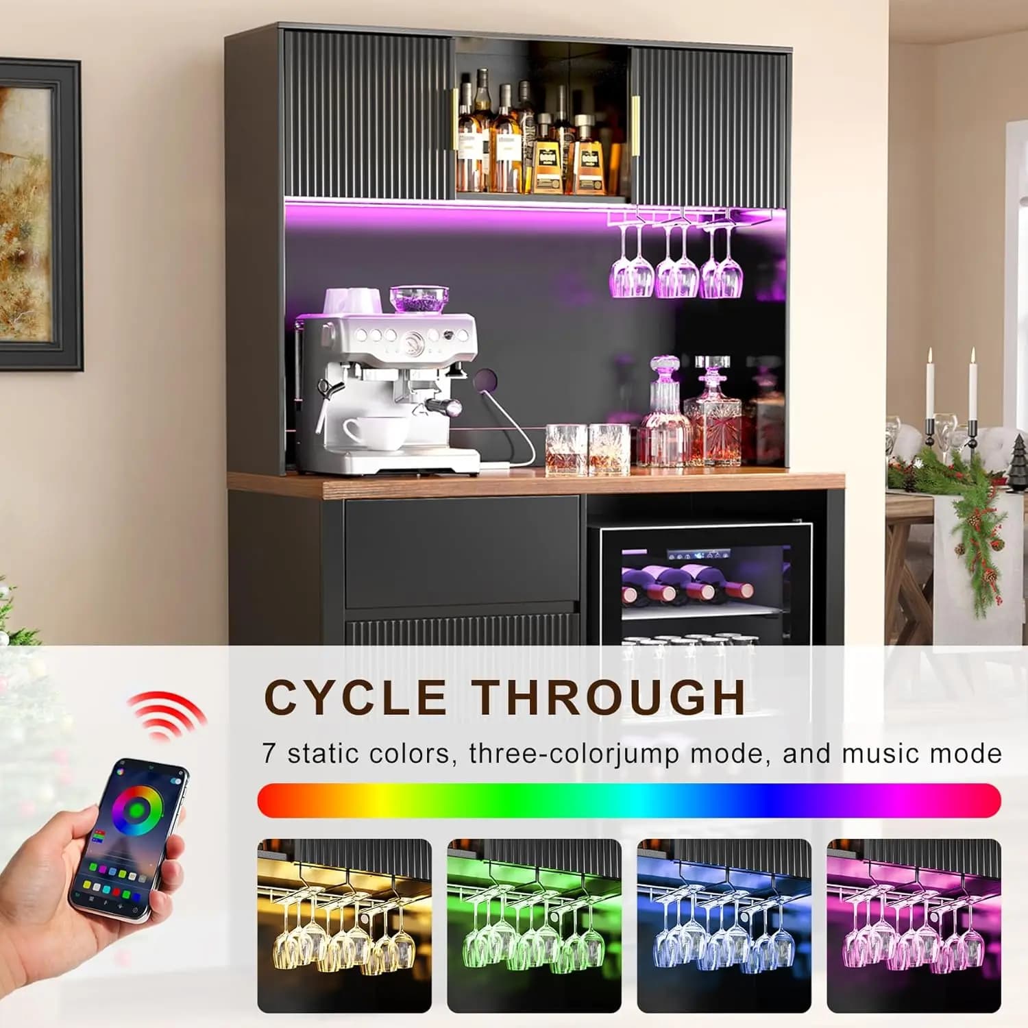 Armoire de bar haute de 72 pouces avec espace réfrigérateur, armoire à liqueur et à café à nervures 