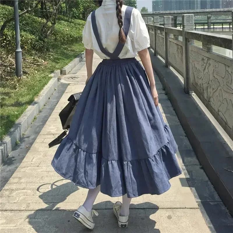 Nouveau doux femmes jupe Style Preppy sangle jupe longue volants ample mignon étudiant jupe décontra