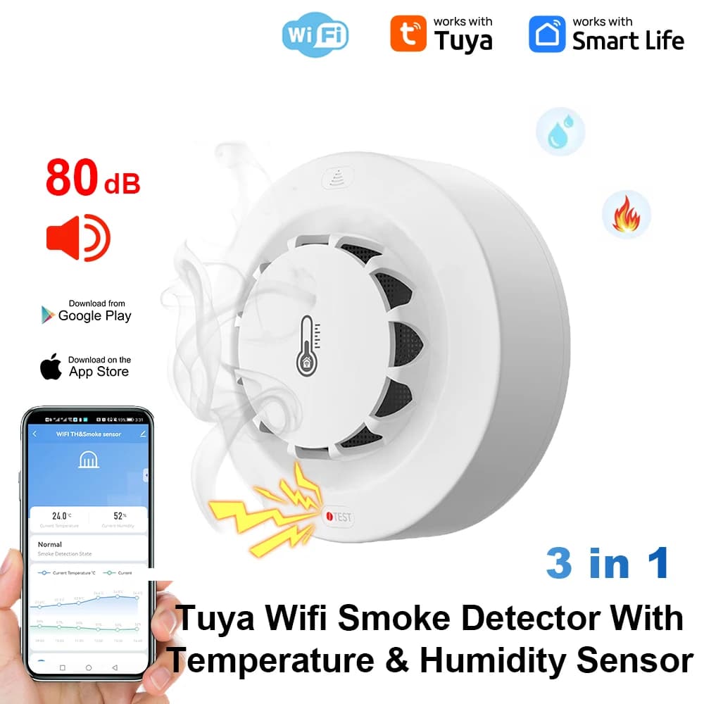 Tuya Wifi BT détecteur de fumée à deux connexions dispositif de mesure de la température et de l'hum