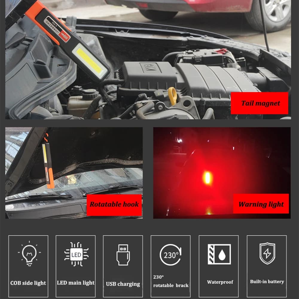 Lampe de travail LED COB injuste, lampe de mécanicien de garage de voiture, lampe de poche aste USB,