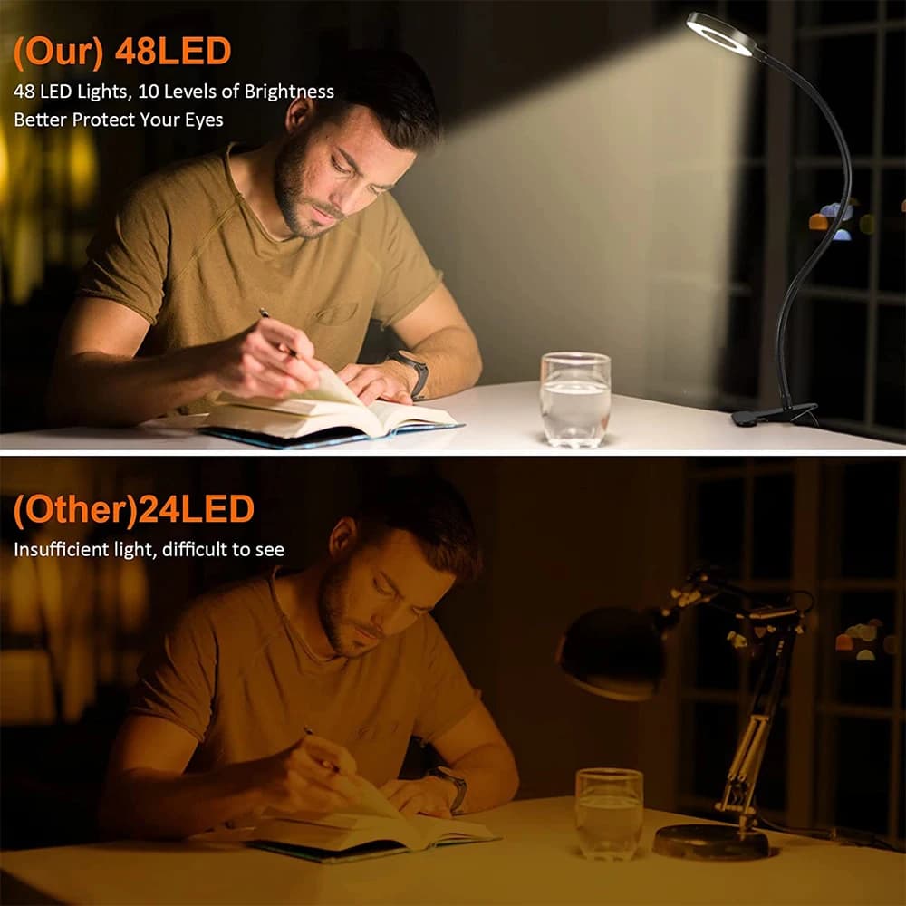 Lampe de bureau à clipser 48 LED 360 ° Lampe de Table de lecture à col de cygne Flexible, pince USB 