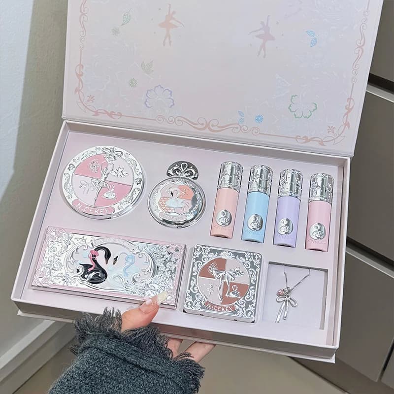 NICEKEY Coffrets de maquillage rose ballet comprenant 4 rouges à lèvres, 1 fard à joues, 1 poudre pr