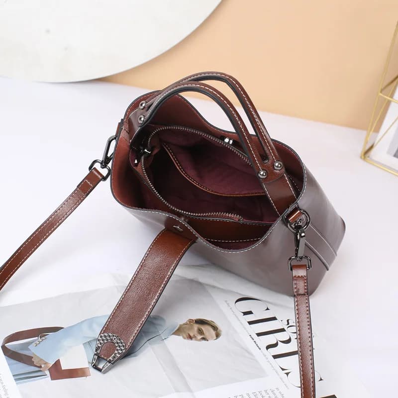 Sac seau en cuir véritable ciré d'huile pour femmes, sac à main décontracté et Simple, grande capaci