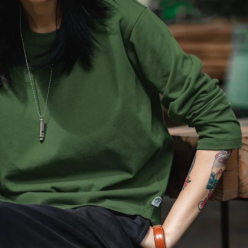 T-shirt Basique à Manches Longues Maden pour Femmes Col Rond Tops en Coton Coupe Lâche Couleur Unie 