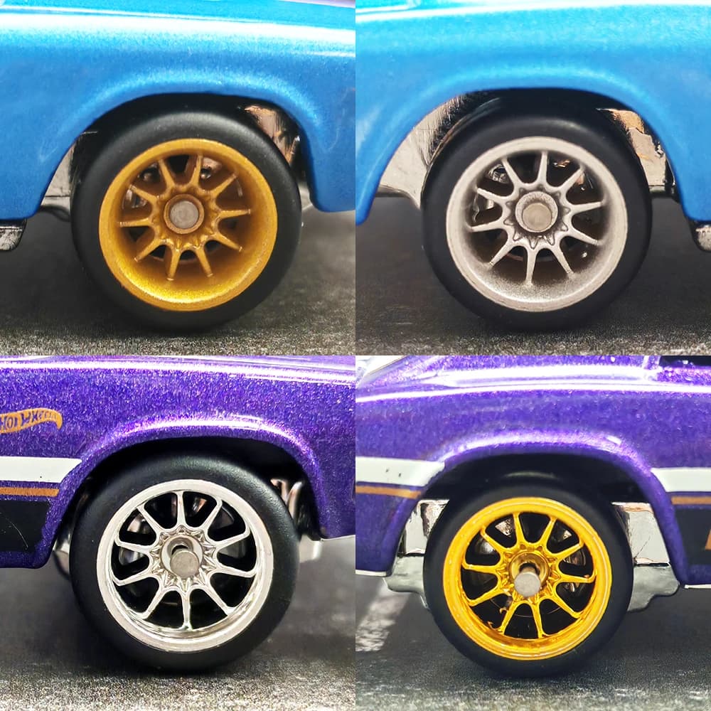 Roues 1/64 avec pneus fixes en caoutchouc, dix rayons pour modèle de jouet, voitures moulées sous pr