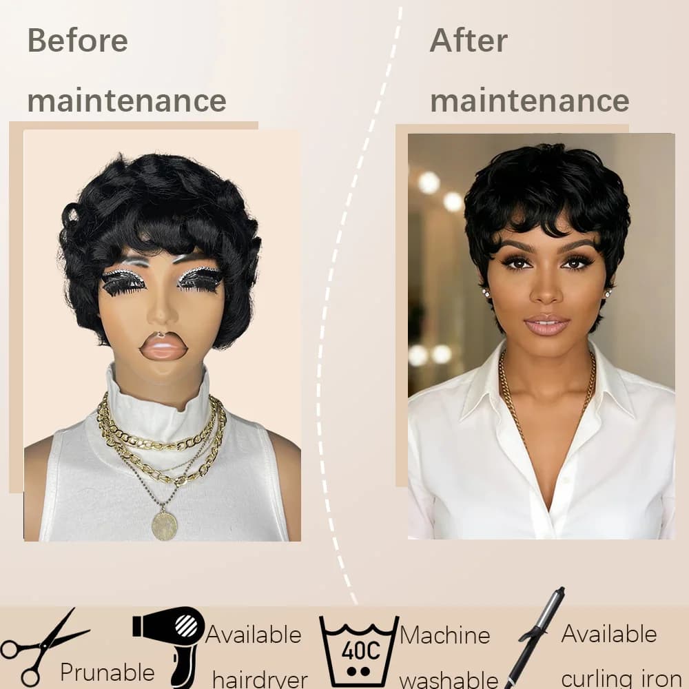 Perruque coupe lutin bouclée pour femmes, cheveux 100% naturels, entièrement fabriqués à la Machine,