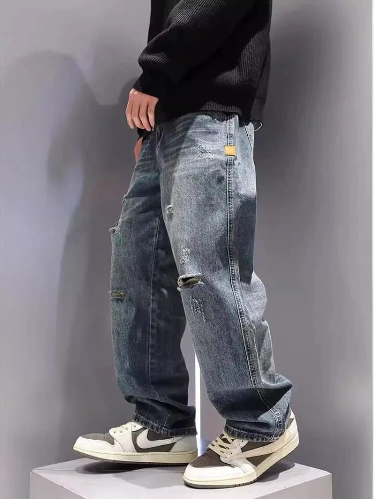 Nouveaux hommes déchiré jean Baggy droit mode Vintage bleu Denim pantalon personnalité Streetwear Hi