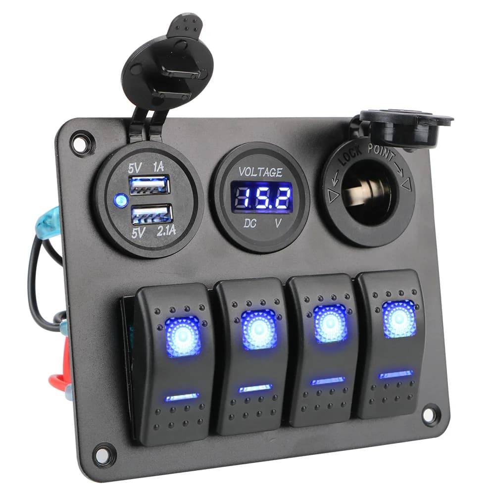 Panneau de commutation à 4 gangs pour voiture, camping-car, caravanes, double Port USB, voltmètre nu
