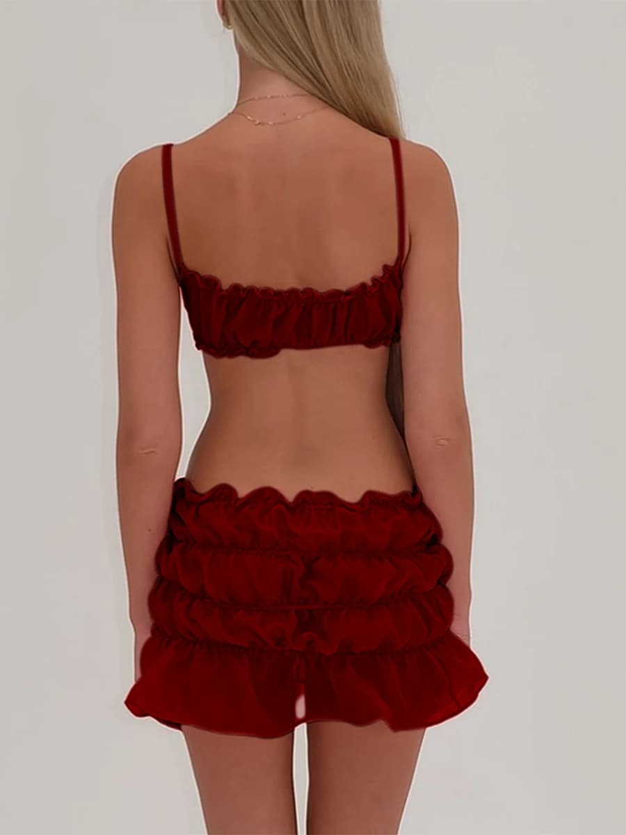 Tenues de plage 2 pièces pour femmes, camisole en fibre mince noire, mini jupe à volants sexy, ensem